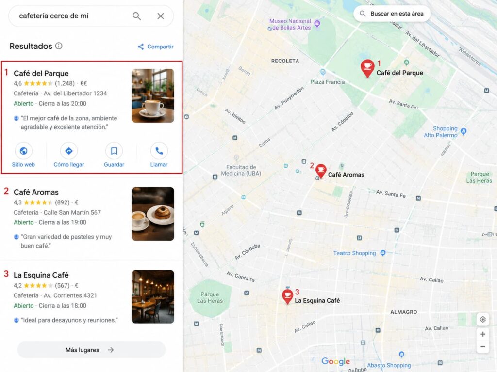 captura de pantalla de Google Maps posicionando en primera posición
